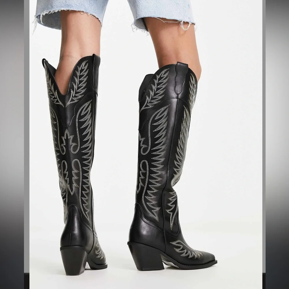 ASOS DESIGN / Chester contrast stitch western knee boot / black - Picture 5 of 17